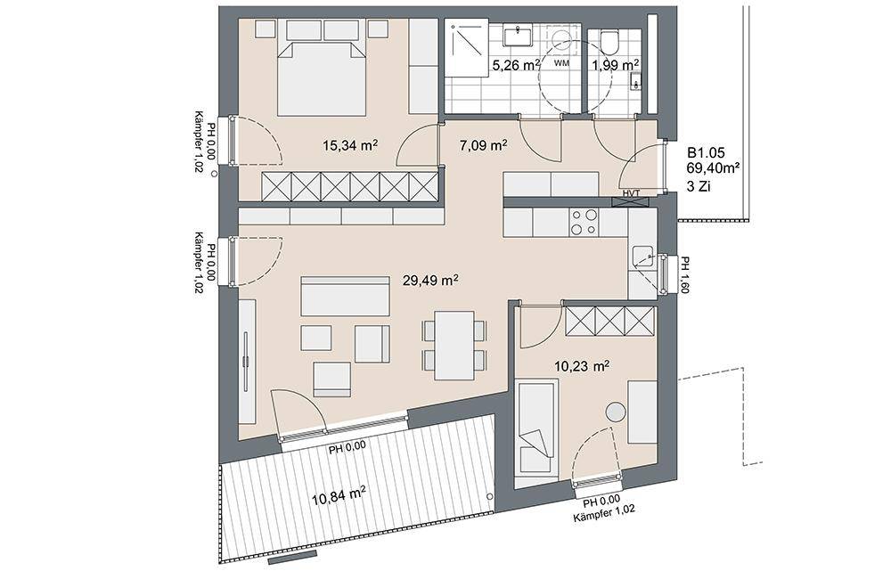 Grundriss einer Wohnung mit offenem Wohnbereich, Schlafzimmer, zwei Bädern und großer Terrasse.