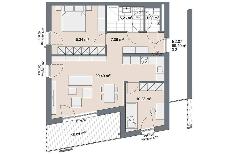 Grundriss einer 3-Zimmer-Wohnung mit offenem Wohnbereich, zwei Bädern, separatem WC und großer Terrasse.