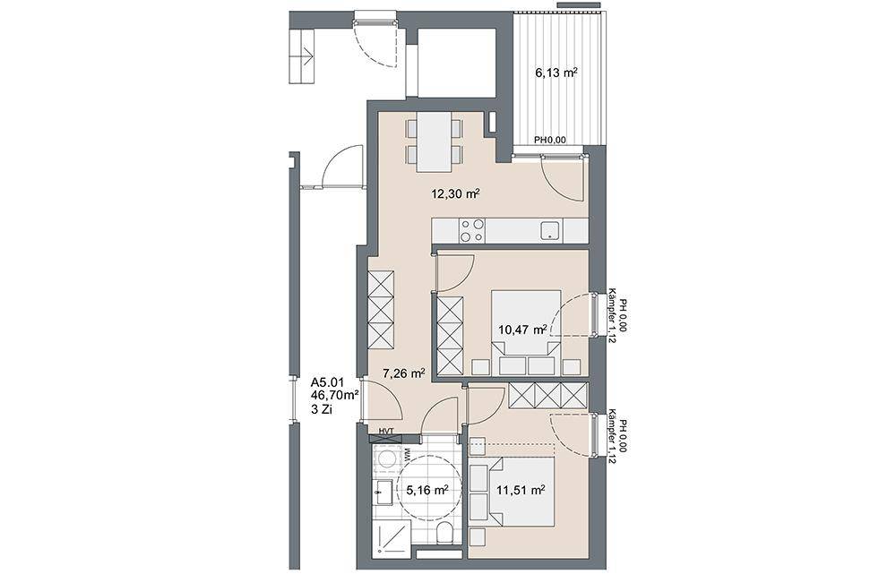Grundriss einer Wohnung mit zwei Schlafzimmern, offenem Wohnbereich und Balkon.
