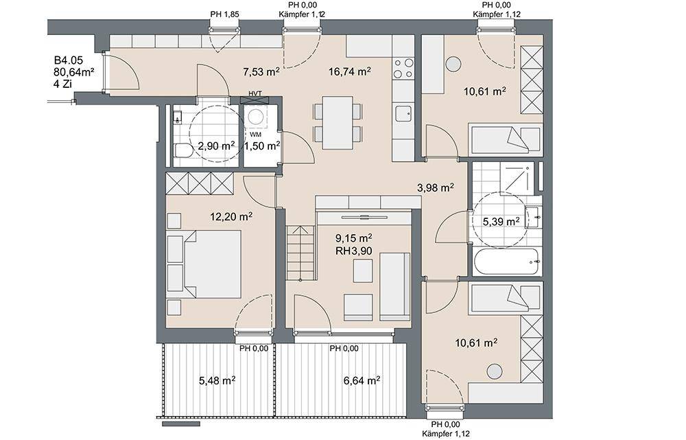 Grundriss einer 4-Zimmer-Wohnung mit offenem Wohnbereich, zwei Bädern und zwei Balkonen.