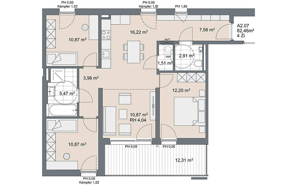 Detaillierter Grundriss einer 4-Zimmer-Wohnung mit offenem Wohnbereich, Balkon und zwei Bädern.