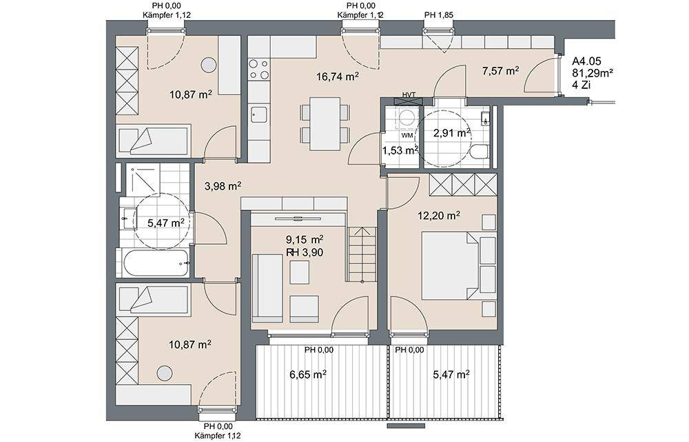 Grundriss einer modernen 4-Zimmer-Wohnung mit offener Küche, zwei Bädern und zwei Balkonen.