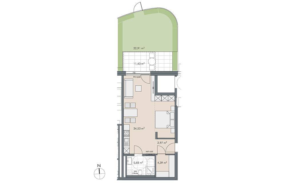 Grundriss einer Wohnung mit offenem Wohnbereich, Schlafzimmer und großem Balkon.