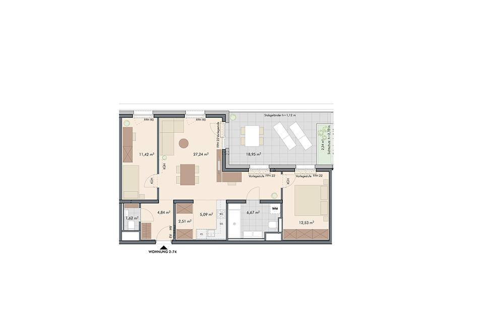 Detaillierter Grundriss einer modernen Wohnung mit offenem Wohn-Essbereich, separater Küche und großer Terrasse.
