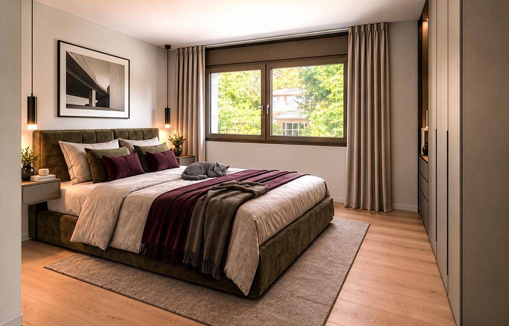 Gemütliches Schlafzimmer mit großem Bett, Holzboden, Fenster und integrierten Kleiderschränken.