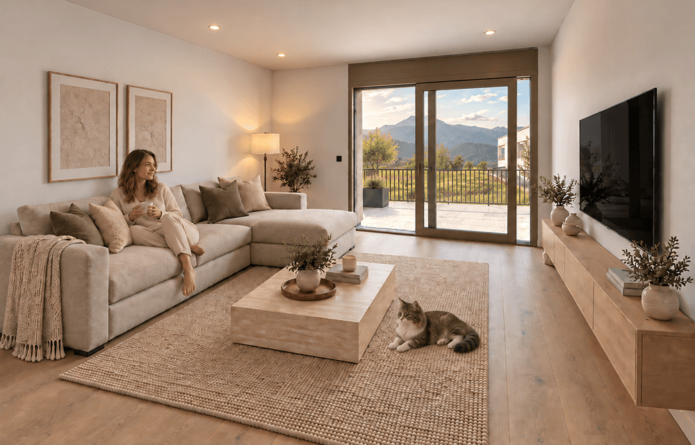 Helles Wohnzimmer mit beigem Ecksofa, Holzboden und Zugang zu einer großen Terrasse mit Bergblick.
