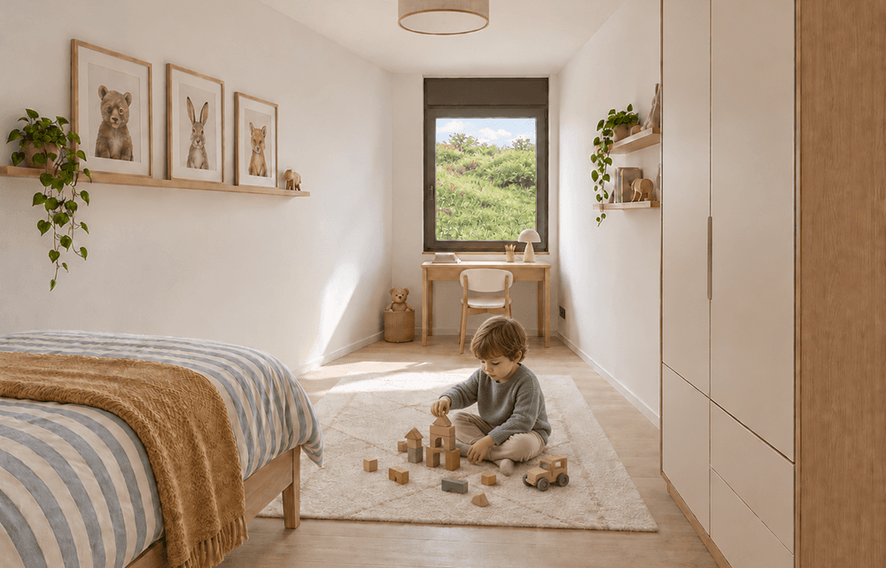 Helles Kinderzimmer mit Holzboden, weißem Kleiderschrank und einem Fenster mit Blick ins Grüne.