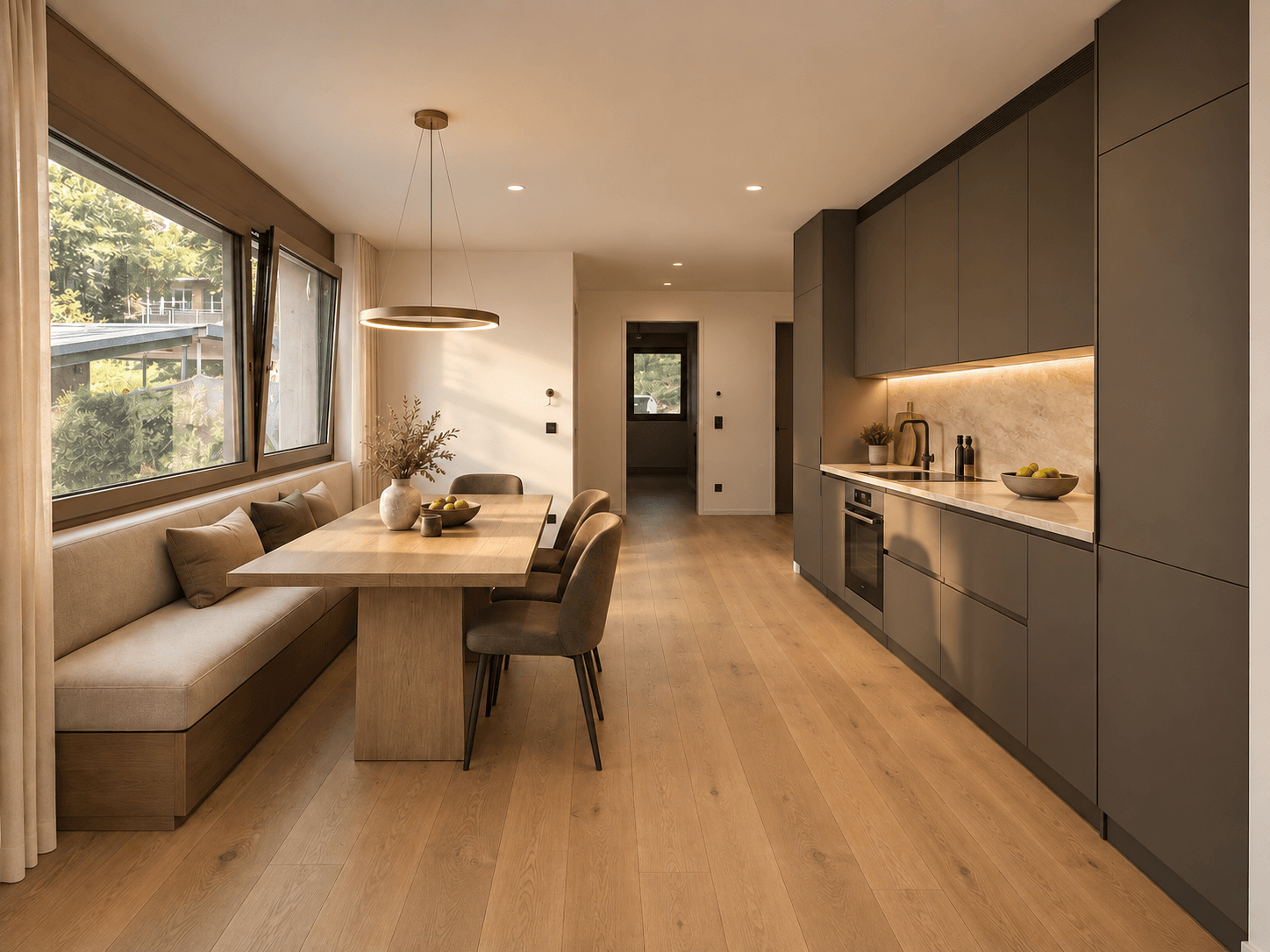 Moderne Küche mit dunklen Schränken, Holzboden und integriertem Essbereich mit Fensterbank-Sitzgelegenheit.