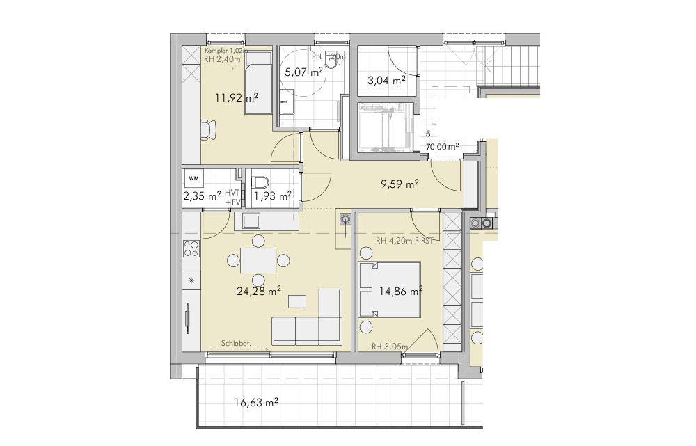 Grundriss einer Wohnung mit offenem Wohnbereich, Schlafzimmer und Balkon.