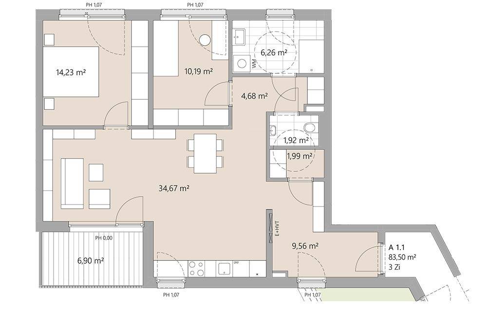 Grundriss einer 3-Zimmer-Wohnung mit offenem Wohnbereich und Balkon.