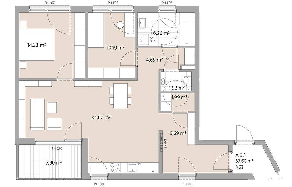 Detaillierter Grundriss einer Wohnung mit drei Zimmern und einem Balkon.