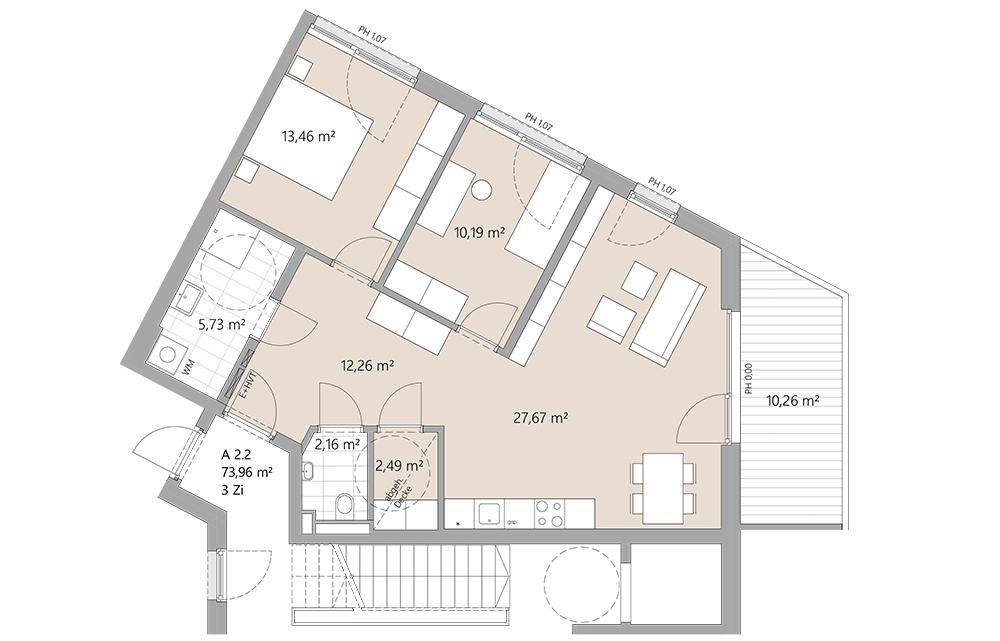 Grundriss einer Wohnung mit drei Zimmern und einer Fläche von 73,96 m².