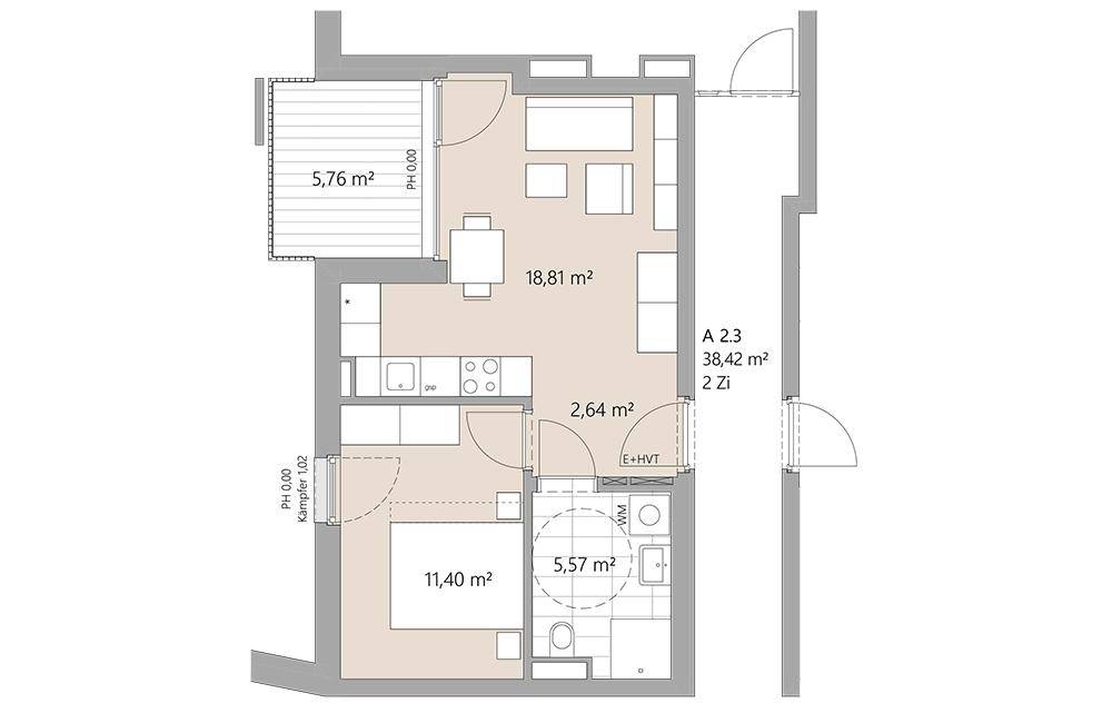 Grundriss einer Zweizimmerwohnung mit Balkon und separatem Bad.