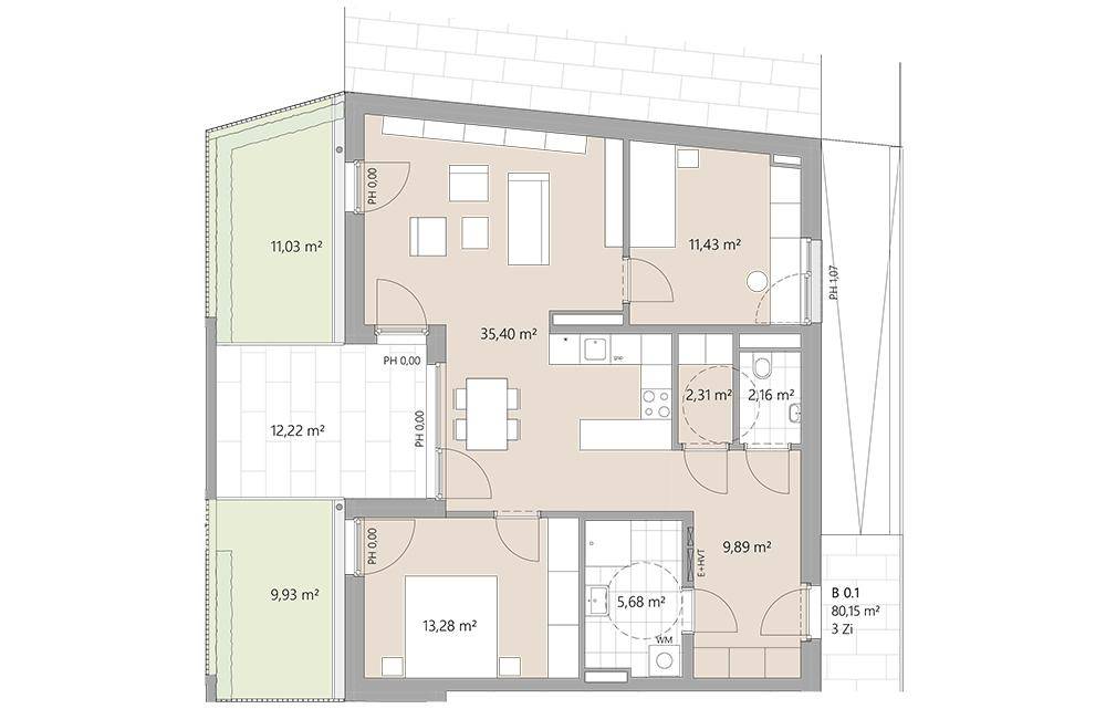 Grundriss einer Wohnung mit drei Zimmern, zwei Bädern und zwei großzügigen Außenbereichen.