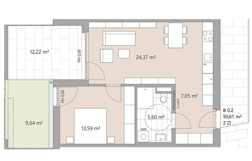Grundriss einer Zweizimmerwohnung mit offenem Wohnbereich, Schlafzimmer und Balkon.
