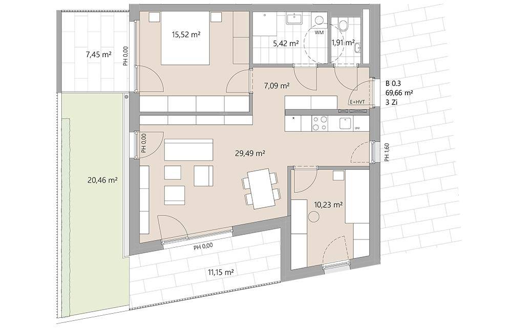 Grundriss einer Wohnung mit offenem Wohnbereich, Schlafzimmer und Zugang zu Terrasse und Garten.