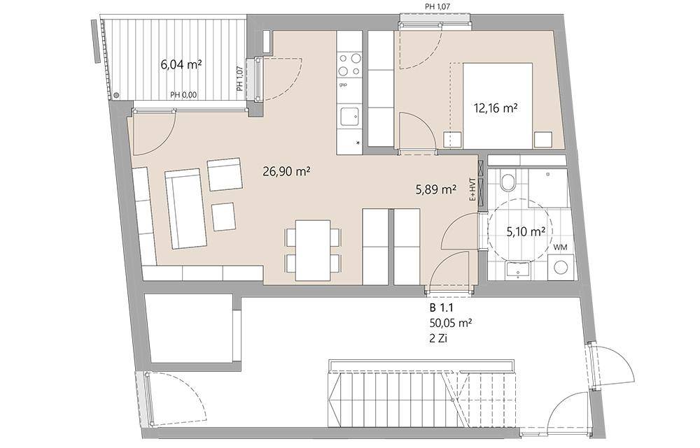 Grundriss einer 2-Zimmer-Wohnung mit Balkon, offenem Wohnbereich und separatem Schlafzimmer.