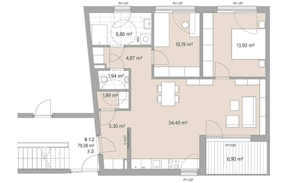 Detaillierter Grundriss einer Wohnung mit mehreren Zimmern und Flächenangaben in Quadratmetern.