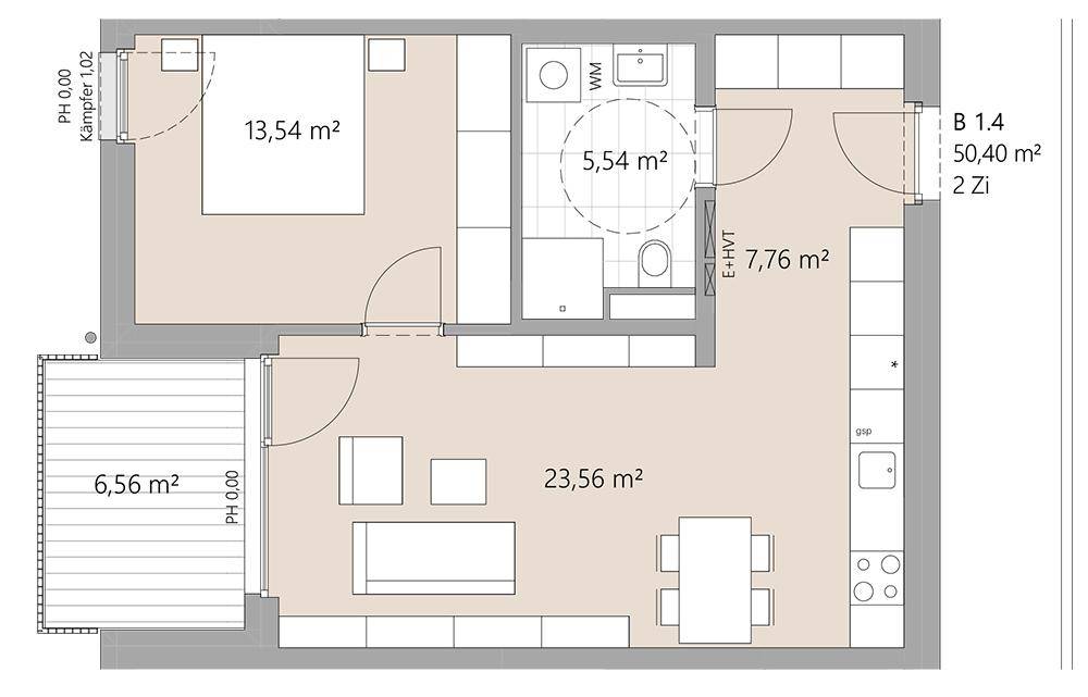 Grundriss einer 2-Zimmer-Wohnung mit 50,40 m², Balkon und offenem Wohnbereich.