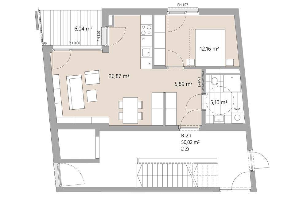 Grundriss einer Wohnung mit offenem Wohnbereich, Schlafzimmer, Bad und einem Balkon.