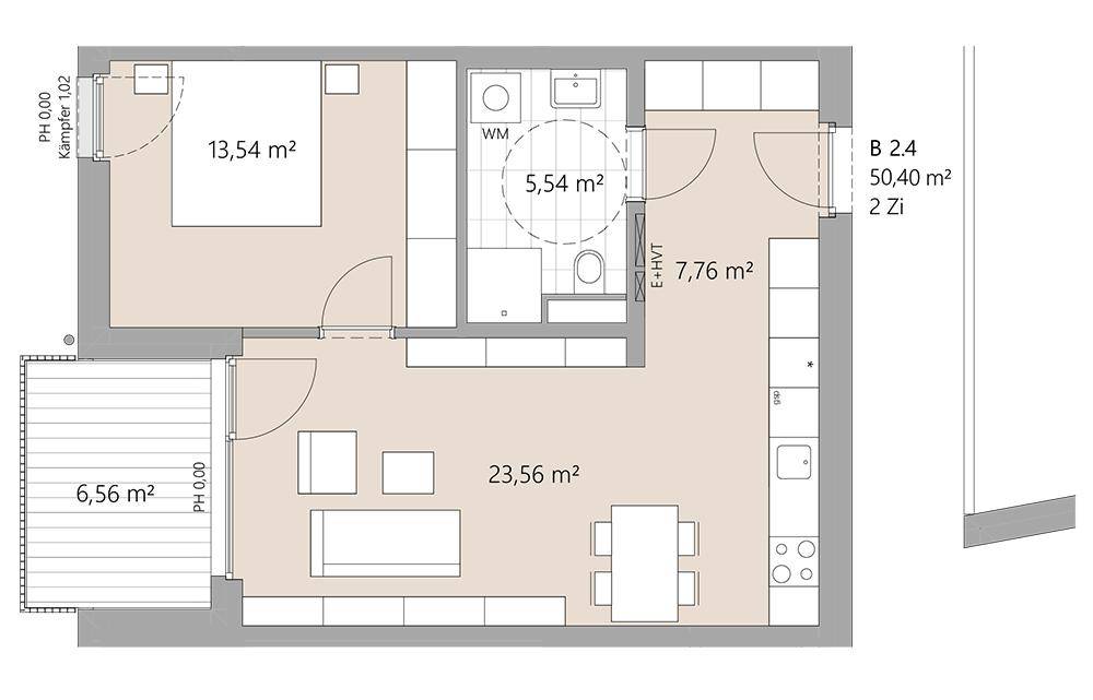Grundriss einer 2-Zimmer-Wohnung mit offenem Wohnbereich, Balkon und Bad mit Dusche.