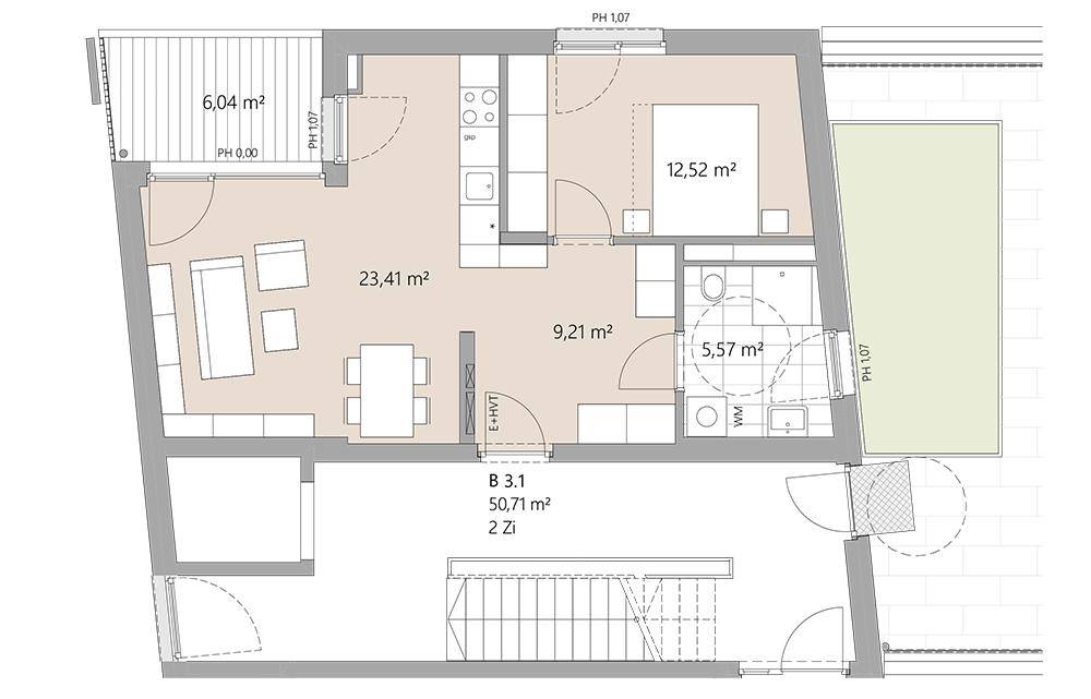 Detaillierter Grundriss einer 2-Zimmer-Wohnung mit Balkon und separatem Bad.