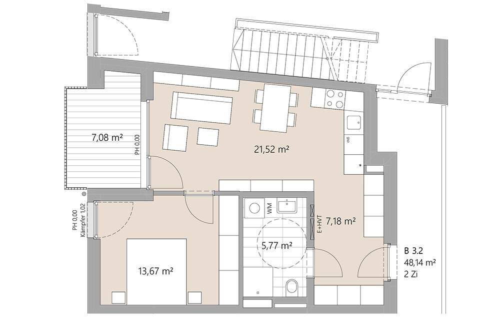 Grundriss einer Wohnung mit offenem Wohnbereich, Schlafzimmer und Balkon.