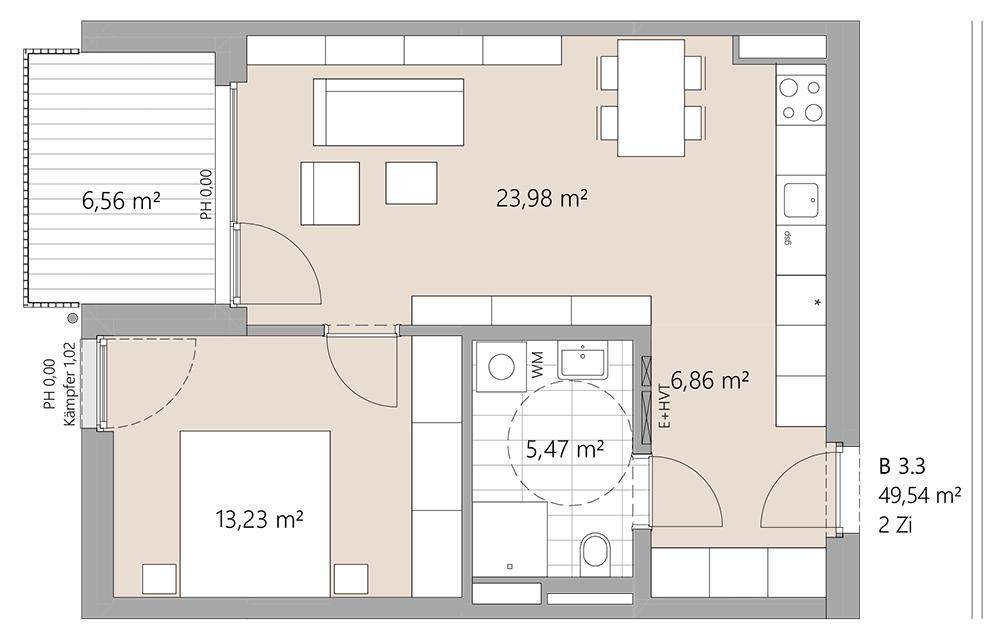 Grundriss einer 2-Zimmer-Wohnung mit Balkon, offenem Wohnbereich und Bad.