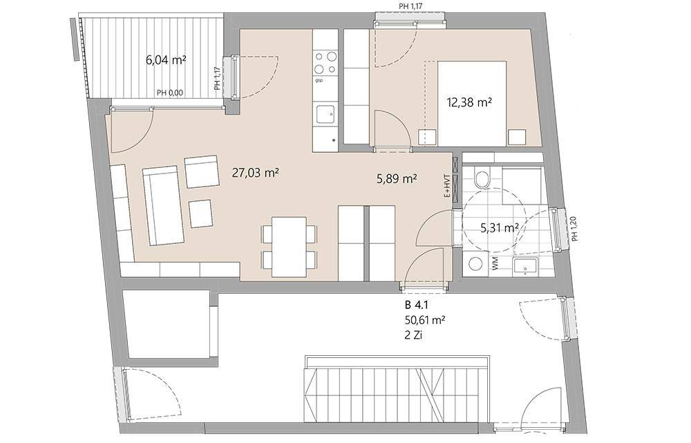 Grundriss einer Zweizimmerwohnung mit offenem Wohnbereich, Schlafzimmer und Balkon.