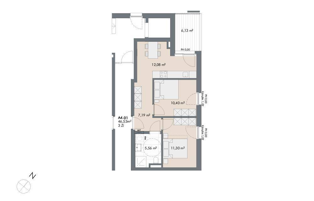 Grundriss einer Wohnung mit offenem Wohnbereich, Schlafzimmer, Bad und Balkon.