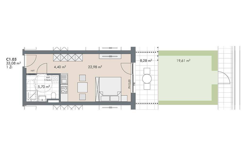 Grundriss einer Wohnung mit offenem Wohnbereich, Schlafzimmer und angrenzender Terrasse.