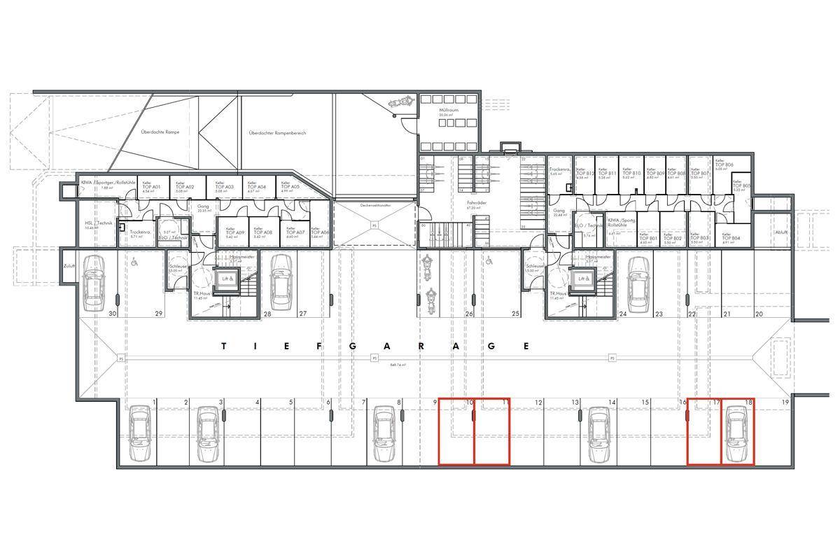 Grundriss einer Tiefgarage mit vielen Stellplätzen und angrenzenden Abstellräumen im Untergeschoss.