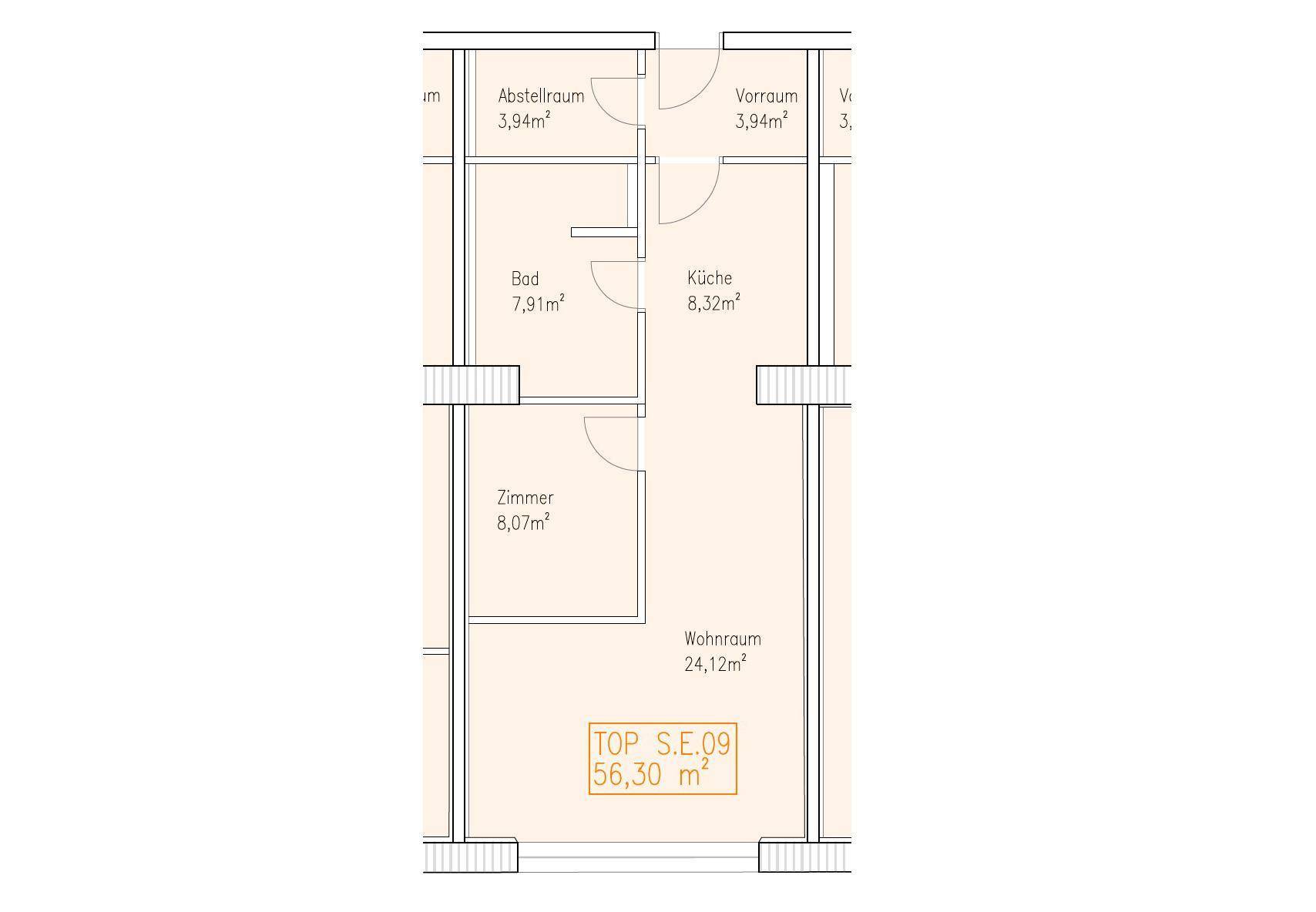 Grundriss einer Wohnung mit separater Küche, Bad, Zimmer und großem Wohnraum, inklusive Flächenangaben.