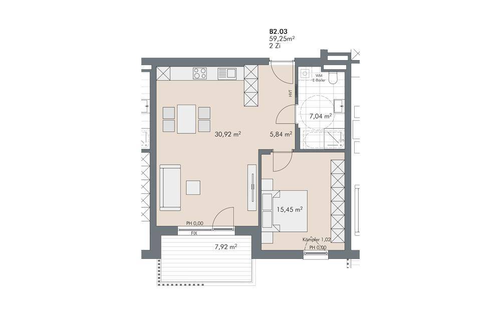 Grundriss der Wohnung B2.03 mit 59,25 m² Wohnfläche, zwei Zimmern und einem Balkon.