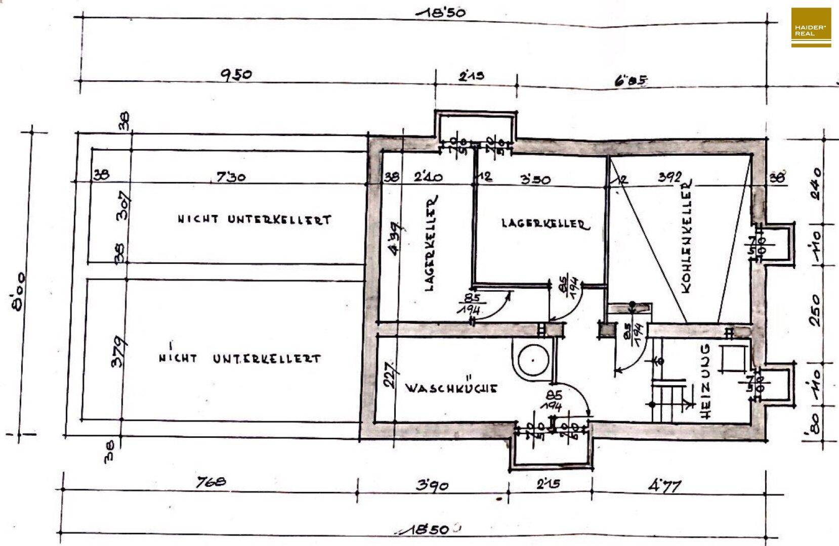 Grundriss des Kellergeschosses mit Lagerkellern, Waschküche und Heizungsraum.