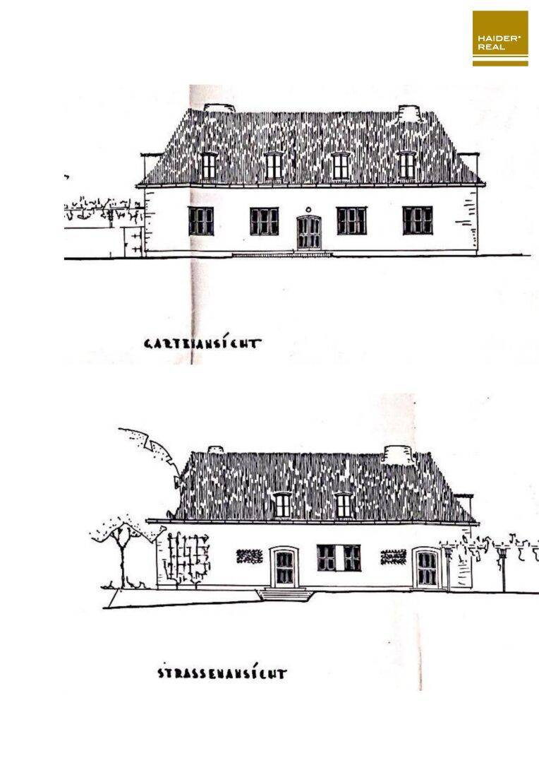 Architektonische Zeichnungen der Garten- und Straßenansicht des Hauses.
