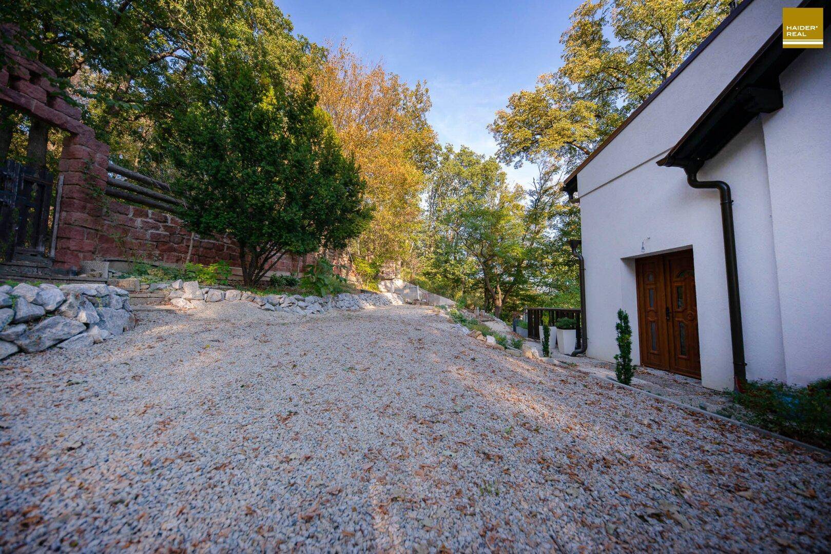 Eingangsbereich des Hauses mit Holztür und breiter Kiesauffahrt, umgeben von Grün.
