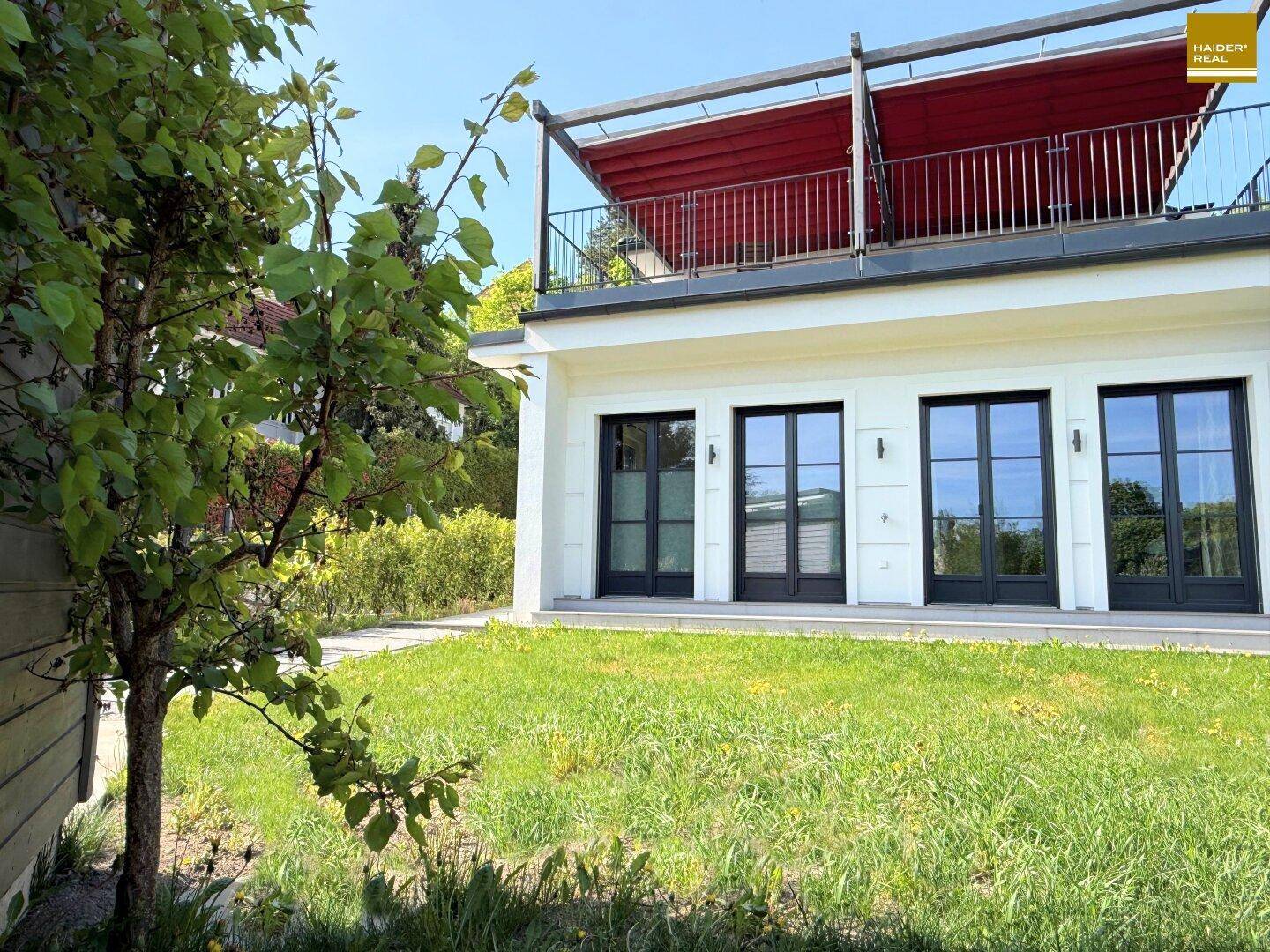 Gepflegter Rasenbereich hinter dem Haus mit jungen Bäumen und Zugang zu großen Fenstern.