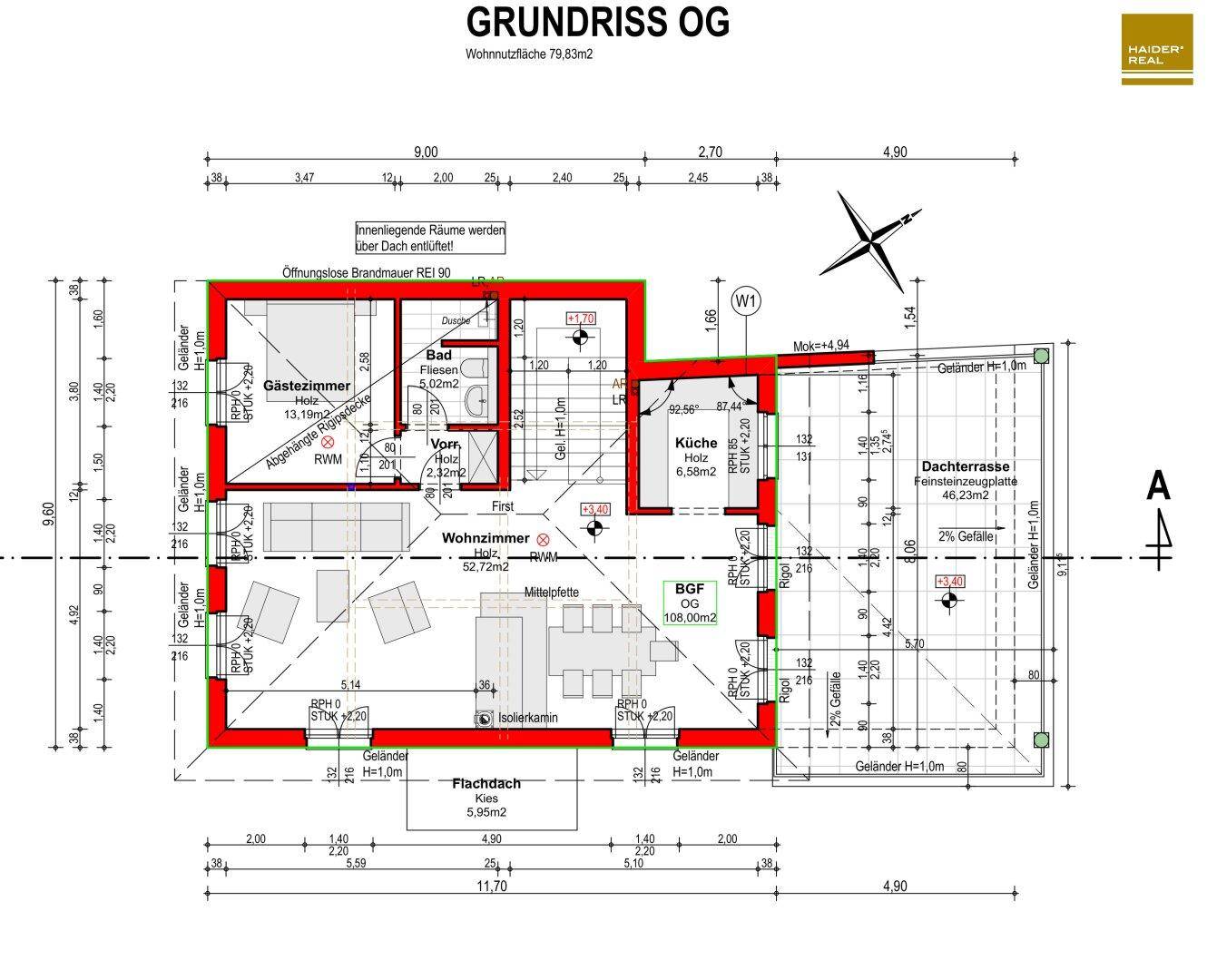 Detaillierter Grundriss des Obergeschosses mit Wohnzimmer, Küche, Gästezimmer und Dachterrasse.