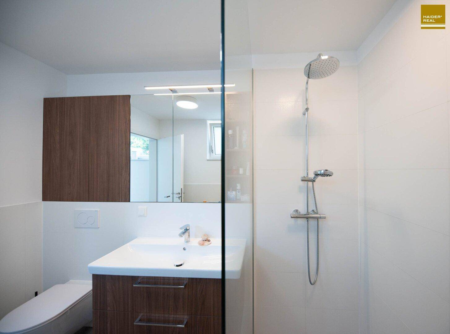 Modernes Badezimmer mit begehbarer Dusche, Waschtisch und Spiegelschrank.