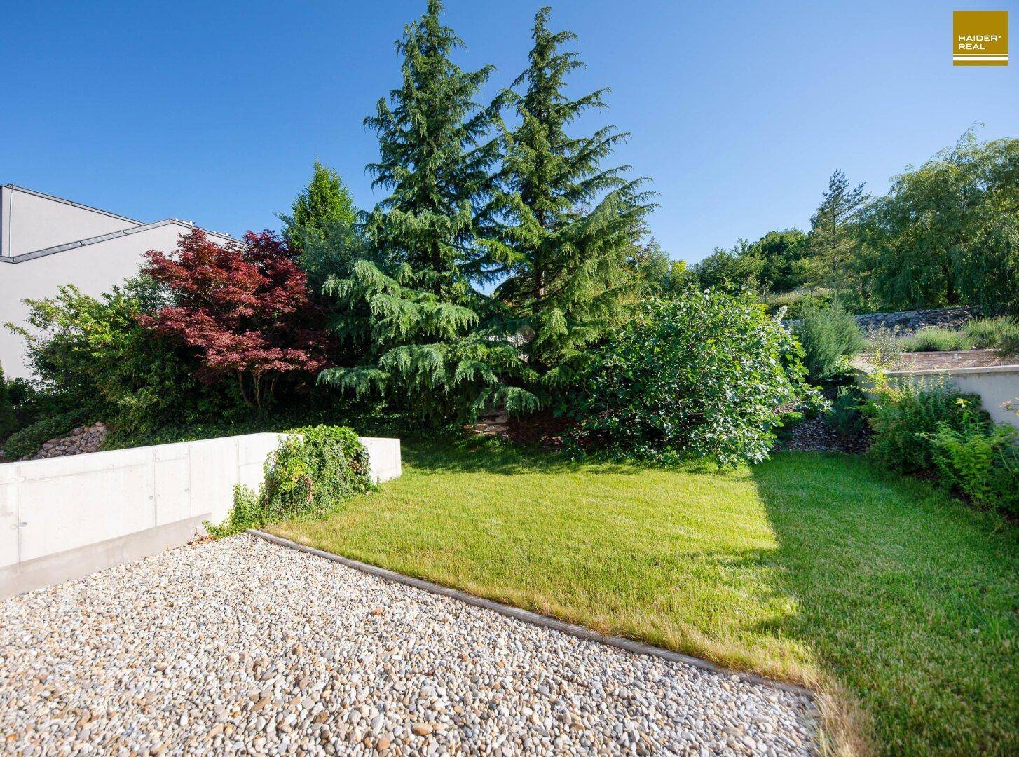 Gepflegter Gartenbereich mit Rasenfläche und Kiesweg, umgeben von üppigem Grün.