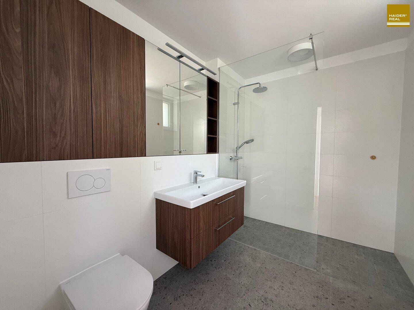 Geräumiges, modernes Badezimmer mit begehbarer Dusche, Waschtisch und Spiegelschrank.