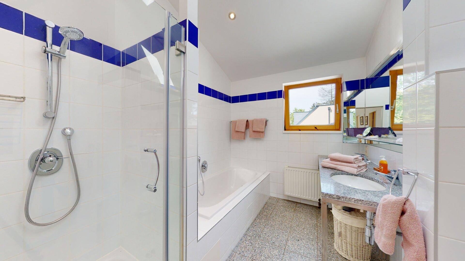 Modernes Badezimmer mit Badewanne, Duschkabine und einem Waschbecken mit Granitplatte.