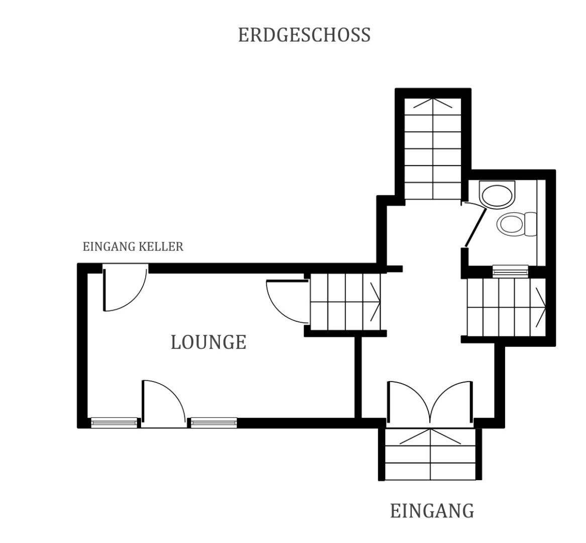 Grundriss des Erdgeschosses mit Eingangsbereich, Lounge und Zugang zum Keller.