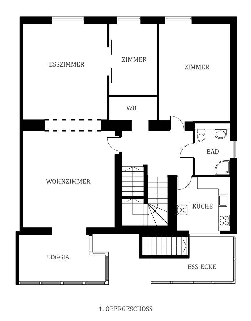 Grundriss des ersten Obergeschosses mit Wohnzimmer, Esszimmer, Küche und Loggia.