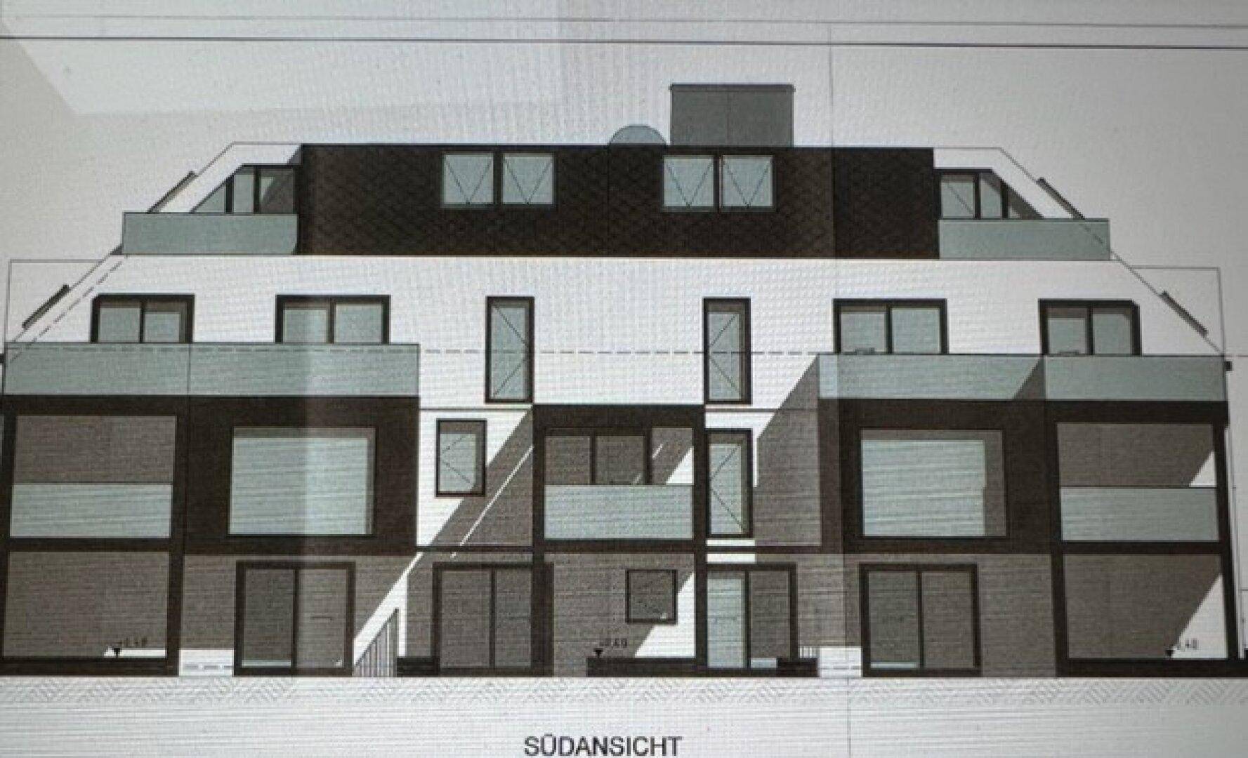 Architektonische Südansicht eines modernen Gebäudes mit mehreren Balkonen und großen Fenstern.