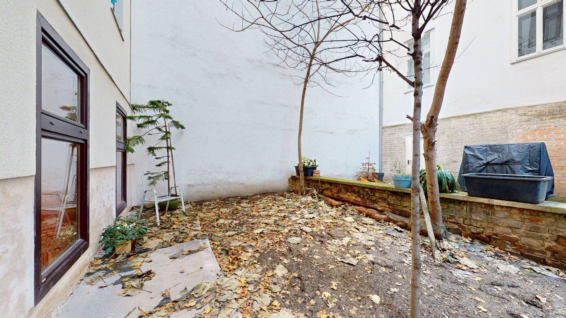 Kleiner, ungepflegter Hinterhofgarten mit Bäumen und Topfpflanzen, umgeben von Gebäudefassaden.