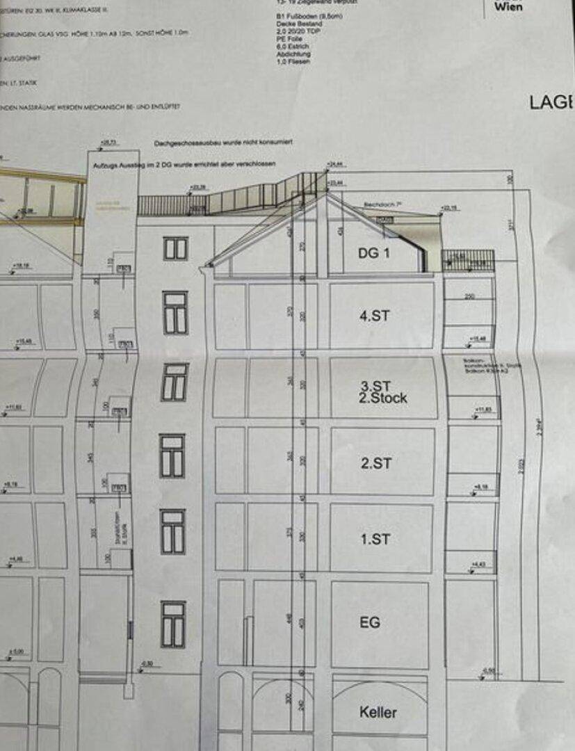 Architektonischer Schnittplan des Gebäudes mit verschiedenen Stockwerken und Dachgeschossausbau.