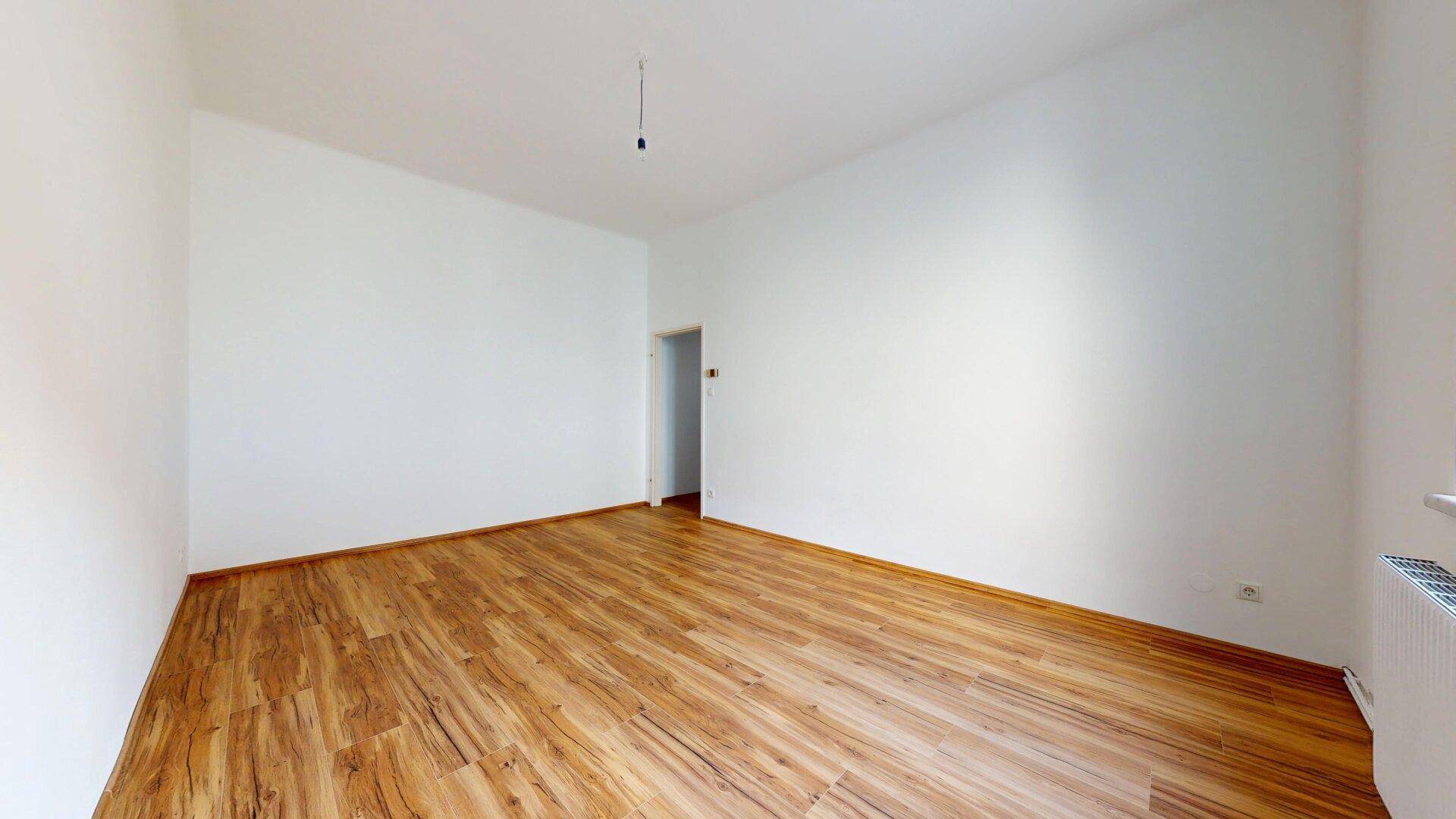 Geräumiger, leerer Raum mit Laminatboden und weiß gestrichenen Wänden, mit Türzugang.