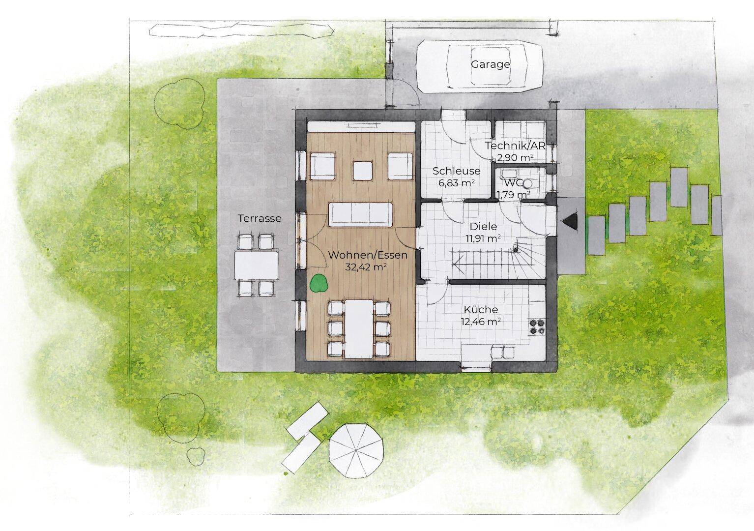 Grundriss des Erdgeschosses mit offener Wohnküche, Essbereich und Terrasse.
